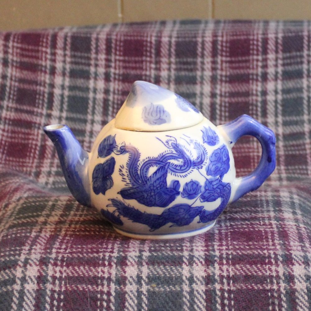 Pier 1 Blue and White  Ceramic Phoenix Dragon Individual Tea Pot